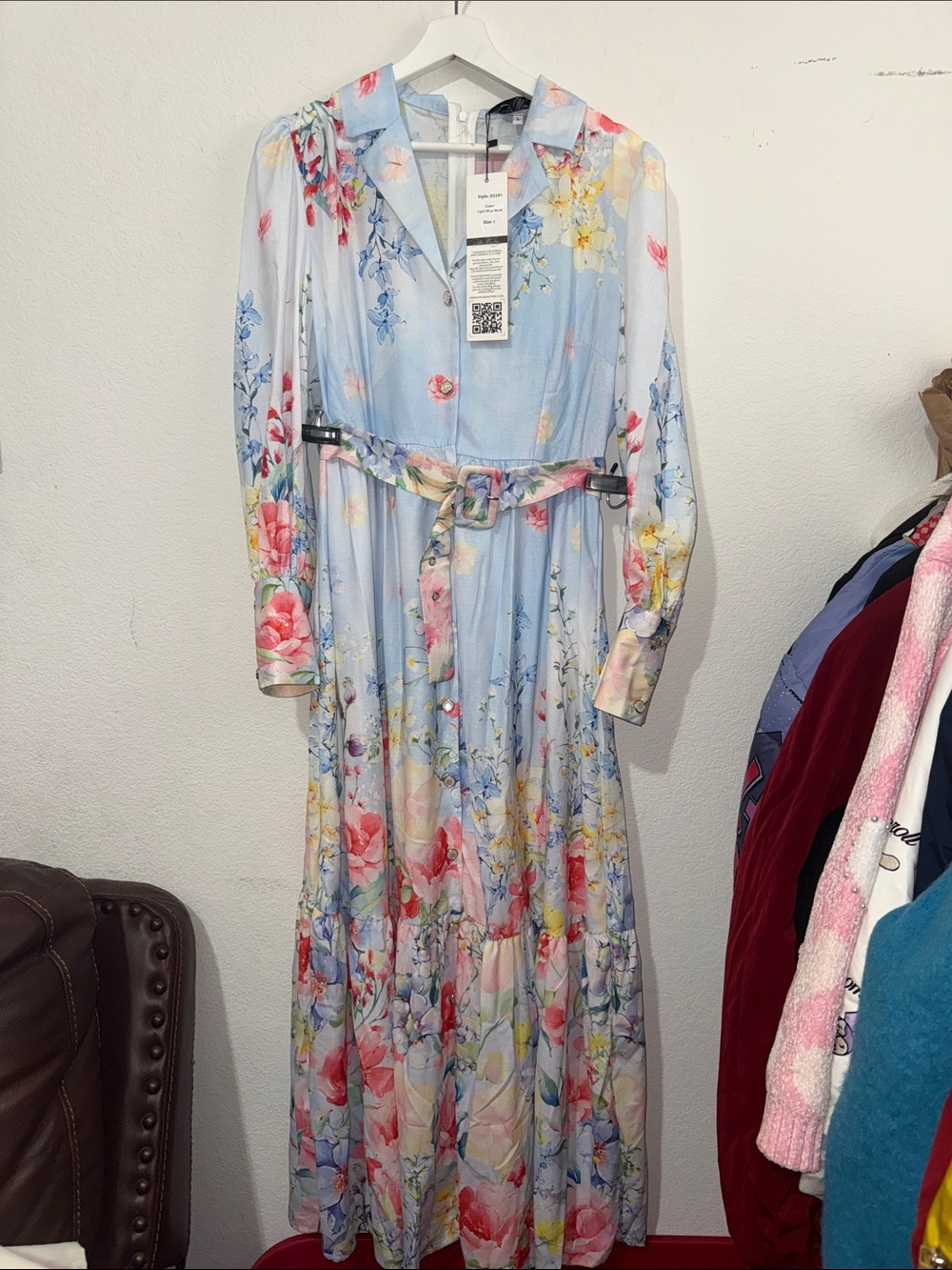 Dalia Mac Phee Pastel Blue Floral Maxi Dress with Belt